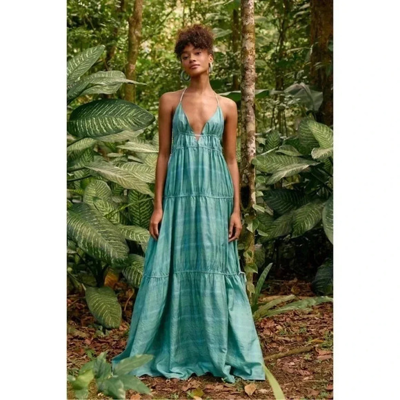 New Free People Marisol Tiered Silk Maxi Dress Summer Sun Boho Green Small - Picture 15 of 17